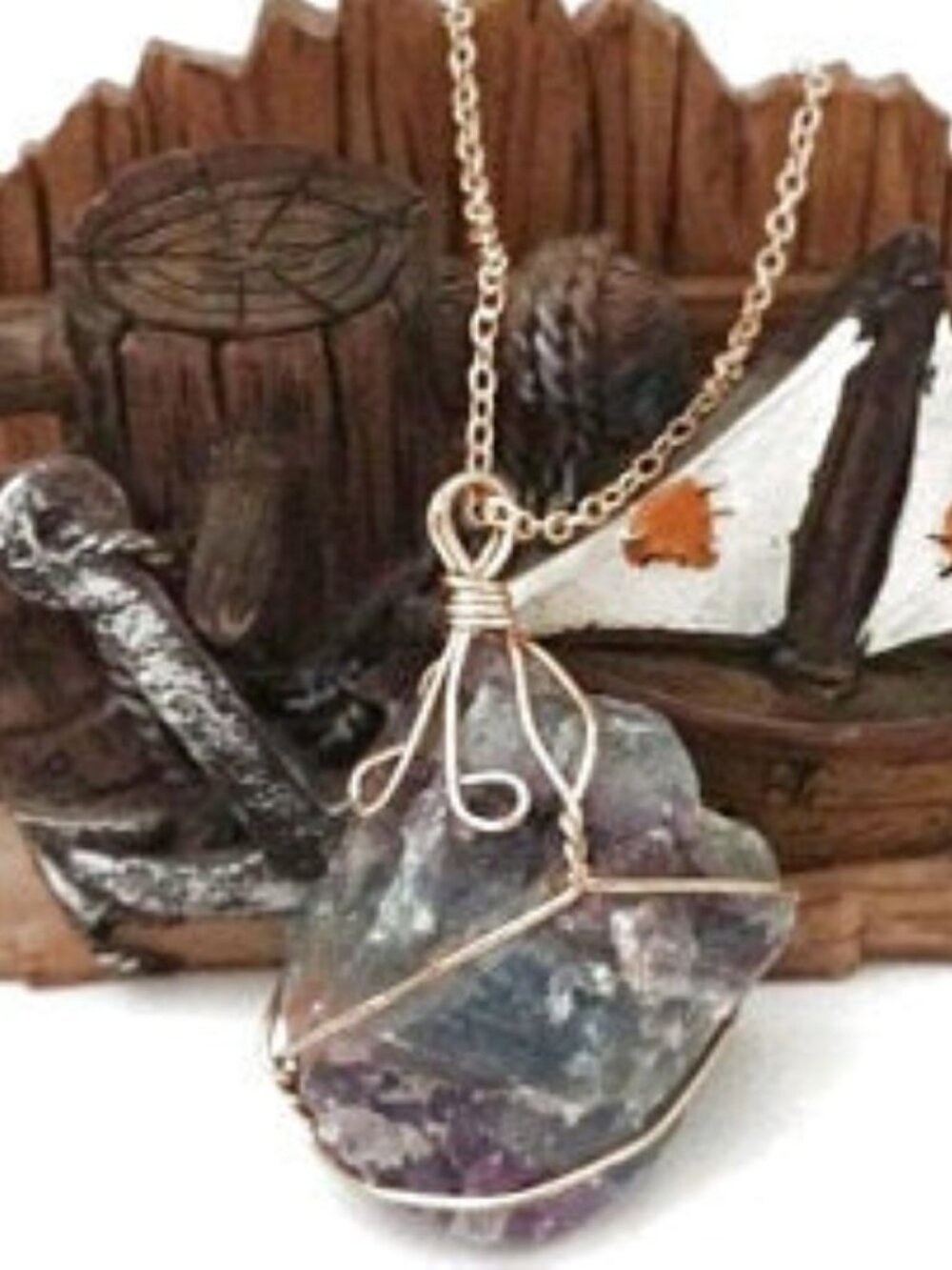 Handmade Wire Wrapped Raw Fluorite Stone Pendant Necklace